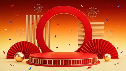 Red 3D Podium with Oriental Fans and Golden Spheres Background