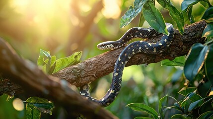 A snake coiled around a tree branch in the jungle