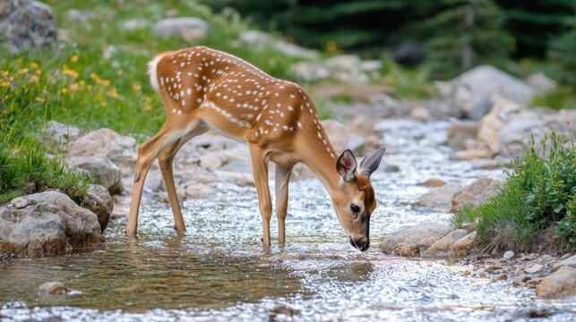 A deer drinking from a mountain stream