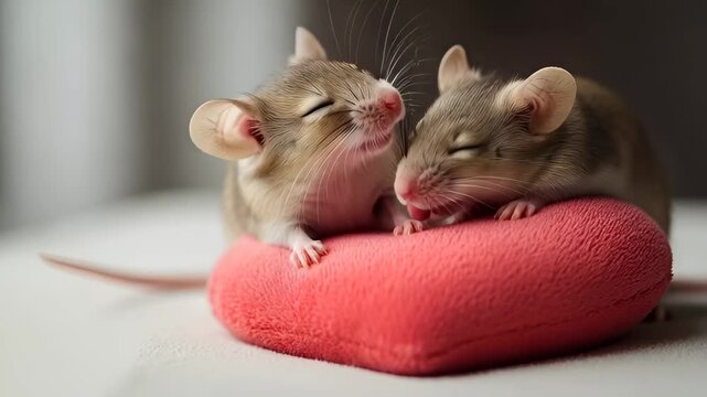 Two small mice lovingly cuddle and kiss on a plush red heart, depicting affection and a close bond for valentine holiday