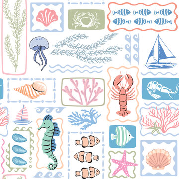Sailboat, lobster, seahorse, fish, sea wave, starfish, seaweed, coral, crab, shrimp, shell in the frames seamless pattern. Summer patchwork wallpaper.