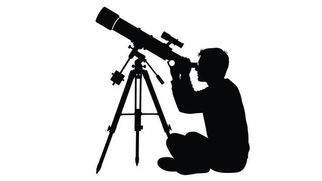 Black silhouette of a man looking through an astronomical telescope on a tripod, amateur astronomer stargazing or observing space isolated on white background.