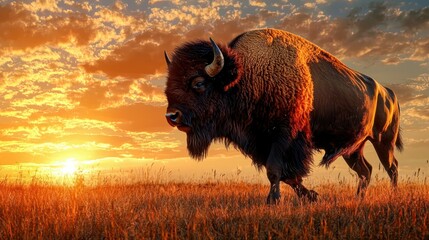 A bison wandering through a prairie at sunset