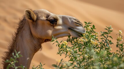 A camel chewing on some desert vegetation