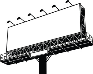 Obraz premium Large blank outdoor billboard silhouette mockup with lighting lamps isolated on white background, commercial advertising structure for marketing and promotional message display concept.