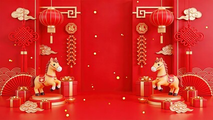 2026 Lunar New Year Podium with Horse Zodiac and Traditional Decorations