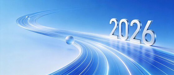 3D 2026 Silver Typography on Glowing Blue Future Path