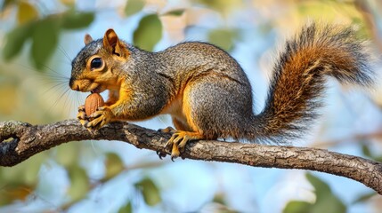 A squirrel perched on a tree branch nibbling on a nut