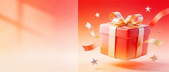 Floating 3D Gift Box with Ribbons and Stars