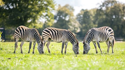 A group of zebras grazing in a grassy field