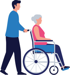 Fototapeta premium Caregiver pushing senior woman in wheelchair, elderly support and healthcare assistance concept, flat vector illustration isolated on white