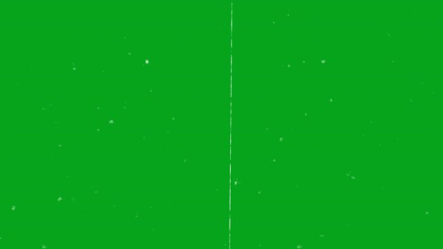 A solid green chroma key background displays a dynamic overlay of flickering white dust specks, random debris, and vertical scratches, perfectly simulating the nostalgic texture of worn vintage film