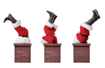 Santa Claus legs stuck in chimneys in three poses Christmas isolated on a transparent background