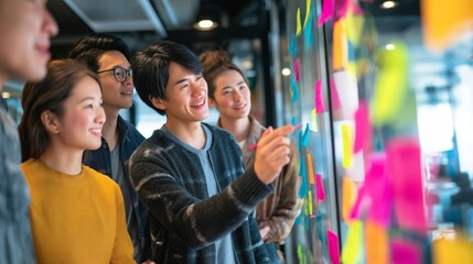 Asian business professionals collaborating on a project, organizing colorful sticky notes for creative problem-solving