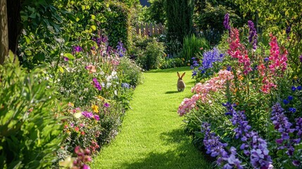 A rabbit hopping around a garden surrounded by flowers