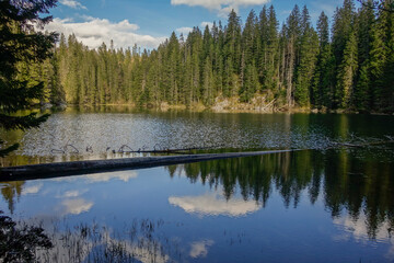Fototapeta premium sunset reflects over surface of Zminje lake in Durmitor National Park, Zabljak, Montenegro