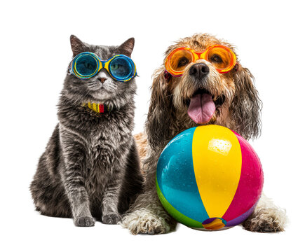 Funny cat and dog duo wear colorful swimming goggles while sitting together with a wet beach ball, ready for a summer vacation adventure at the pool