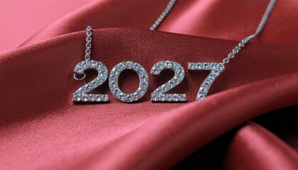 The year 2027 in silver numbers with a stylized wine glass above, against a textured reddish pink fabric background