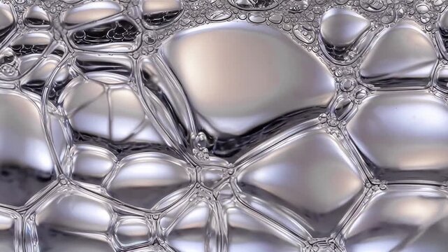 Abstract macro view of glossy bubbles and silky liquid textures, symbolizing hydrated skin, deep moisture, and smooth beauty serum surfaces with a clean background, luminous, premium skincare video.