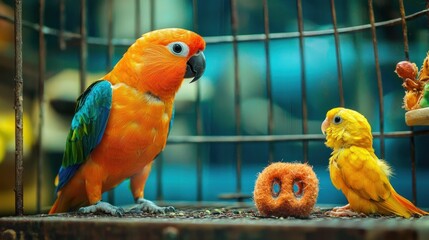 A parrot interacting with a toy in its cage