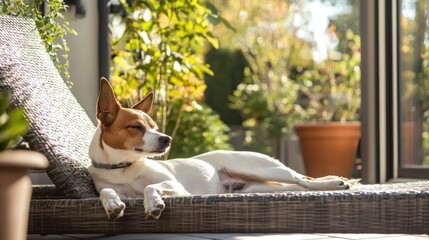 A dog relaxing on a patio, soaking up the sun