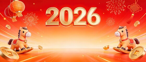 2026 Year of the Horse Festive Background with Cute Horse and Lanterns