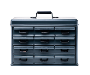 Vintage dark grey metal parts cabinet with twelve small drawers and a top carrying handle, presenting a retro industrial aesthetic for organizing tools and hardware