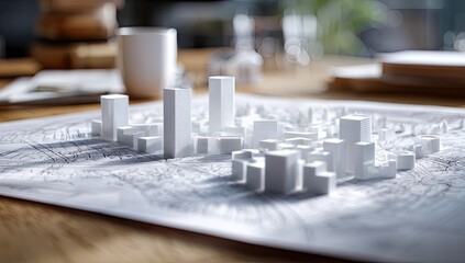 Miniature white buildings on city map blueprint, desk setup