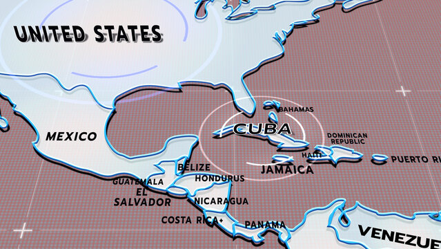 A stylized political map of the Caribbean and Central America, centered on Cuba.