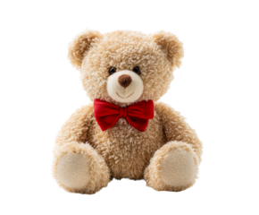 Classic fluffy light brown teddy bear with a red bow tie sits facing forward with a gentle smile in a charming and nostalgic studio portrait with soft lighting