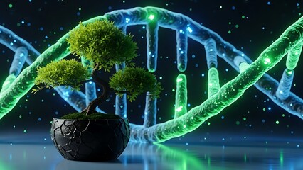 Bonsai Tree and Glowing DNA Helix Structure Representing Genetic Engineering and Nature