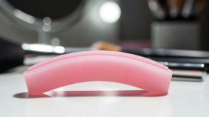Pink silicone eyelid stencil and eyeshadow guide for perfect makeup application, beauty tool closeup.