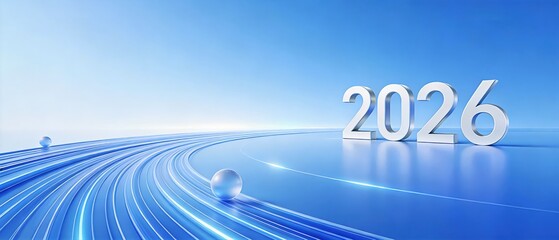 3D 2026 Silver Typography on Glowing Blue Future Path