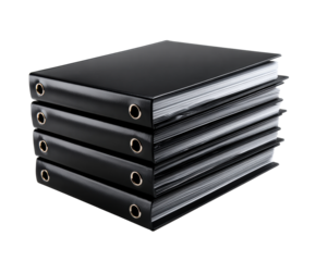Stack of four black office binders with metal finger rings on the spines, filled with documents and neatly arranged for business organization, archiving, or record keeping