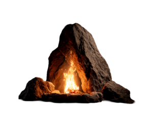 Glowing campfire with bright orange flames burns inside a primitive rock shelter at night, creating a warm and cozy atmosphere with dramatic lighting and flying sparks