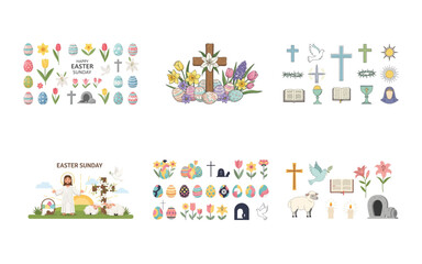 Obraz premium Colorful Easter Sunday religious and floral with crosses and eggs religious symbols