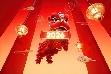 3D Chinese Lion Dance Illustration with 2026 New Year Banner