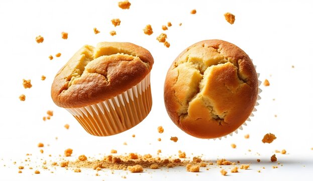 Two golden brown muffins floating with sweet cake crumbs isolated on a white background