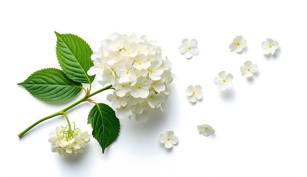 Branch of white hydrangea flowers with falling petals in a flat lay composition isolated on white