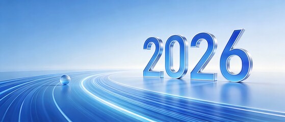 3D 2026 Silver Typography on Glowing Blue Future Path