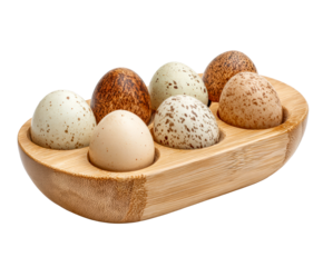 Seven fresh speckled quail eggs in a natural bamboo holder for healthy eating and Easter decoration, showcasing organic food and rustic style with detailed textures