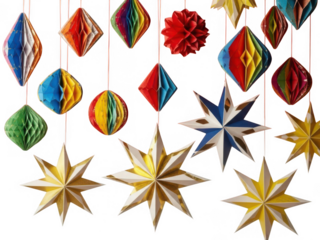 Colorful paper craft hanging decorations isolated on transparent background