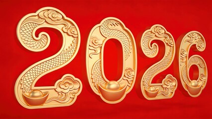 3D Golden 2026 Numbers with Traditional Chinese Motifs