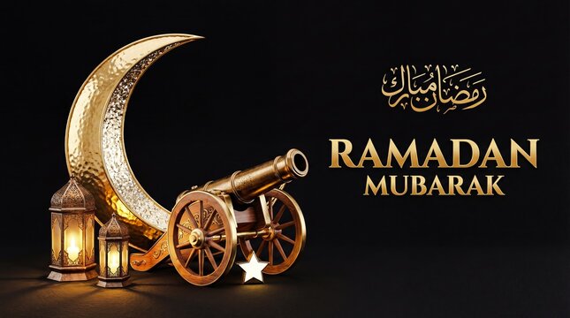 A Ramadan Mubarak greeting card featuring a golden crescent moon a cannon and lanterns on a black background with Arabic calligraphy and gold text