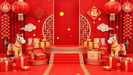 Chinese New Year 2026 Year of the Horse Festive Podium with Gift Boxes
