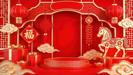 2026 Lunar New Year Podium with Horse Zodiac and Traditional Decorations