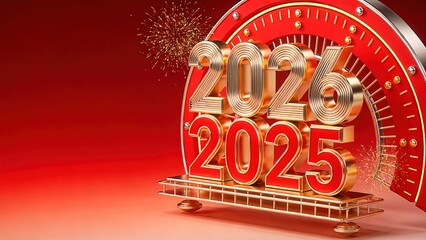 3D 2025 and 2026 New Year Transition in Red and Gold