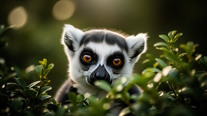 Fototapeta premium Curious ring-tailed lemur peeking through lush green foliage in soft sunlight