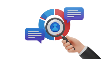 Analyzing user data with magnifying glass and chat bubbles