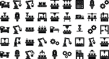 Fototapeta premium Industrial automation icons set with robotic arms, conveyor belts, CNC machines, gears, factory equipment, manufacturing processes, engineering tools